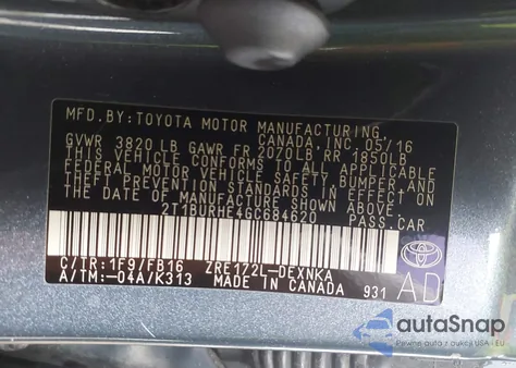 2016 Toyota Corolla Le из США, поврежденный, VIN 2T1BURHE4GC684620